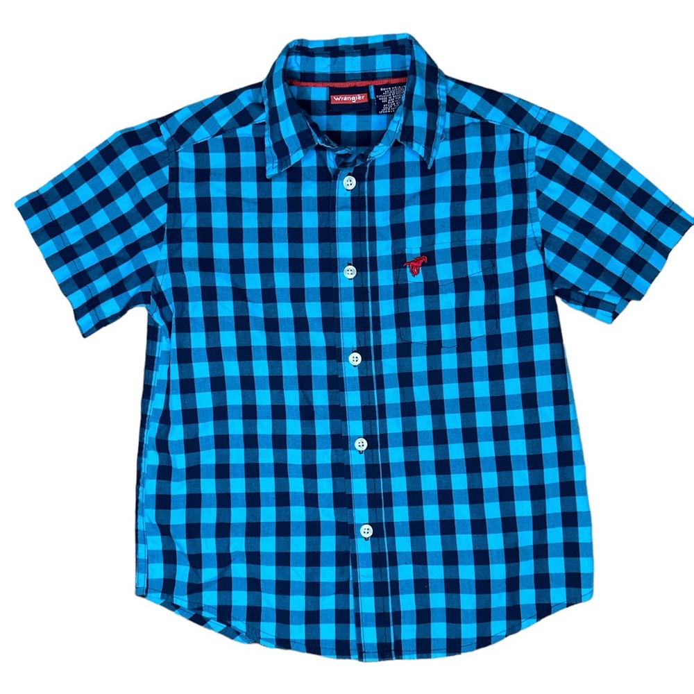 Wrangler Shirt Boy's XS 4/5 Blue Plaid Button Down Short Sleeve Western